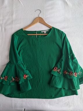 Haute Monde Emerald Green Floral-Embroidered Bell Sleeve Blouse